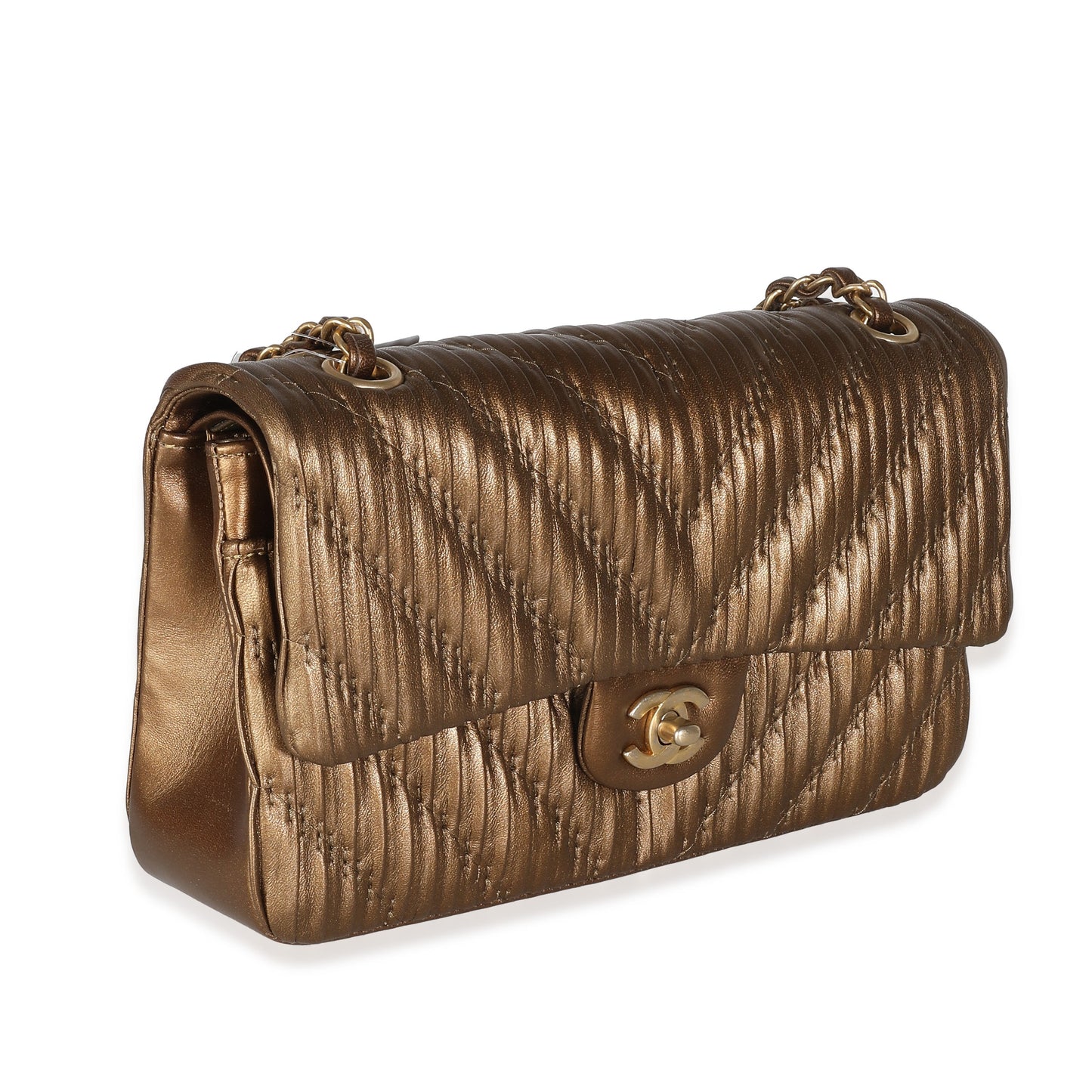 CHANEL 18C Bronze Chevron Pleated Calfskin Medium Classic Double Flap Bag