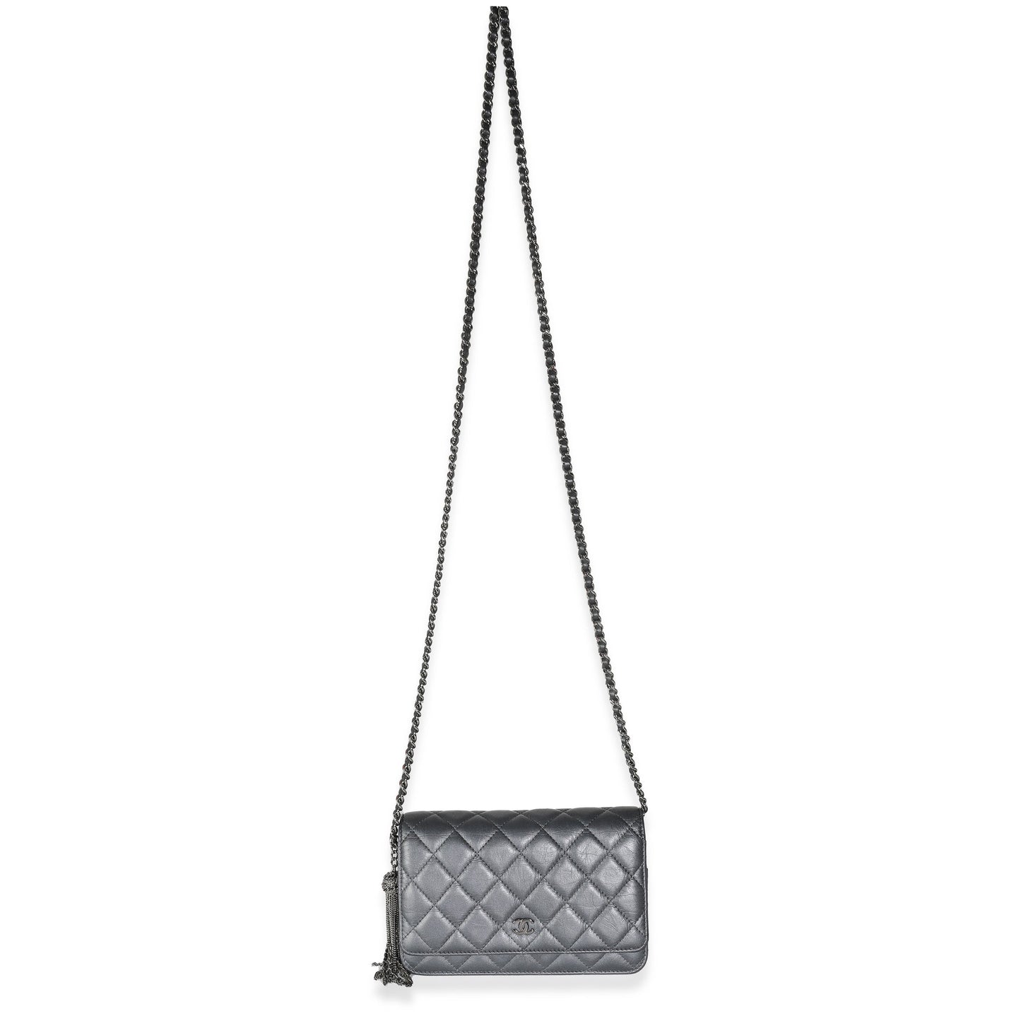 Top Quality Chanel Dark Silver Iridescent Aged Quilted Calfskin Tassel Wallet On Chain