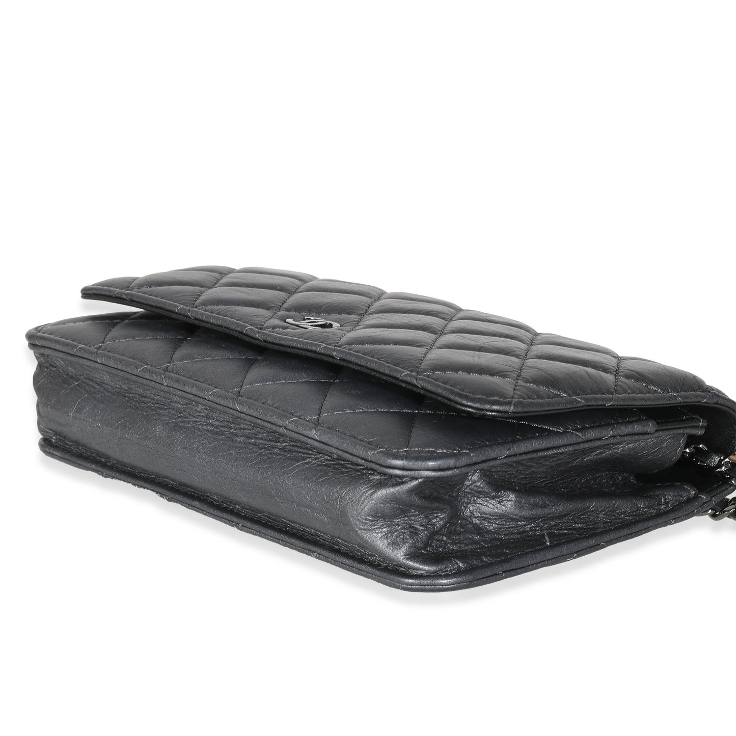 Top Quality Chanel Dark Silver Iridescent Aged Quilted Calfskin Tassel Wallet On Chain