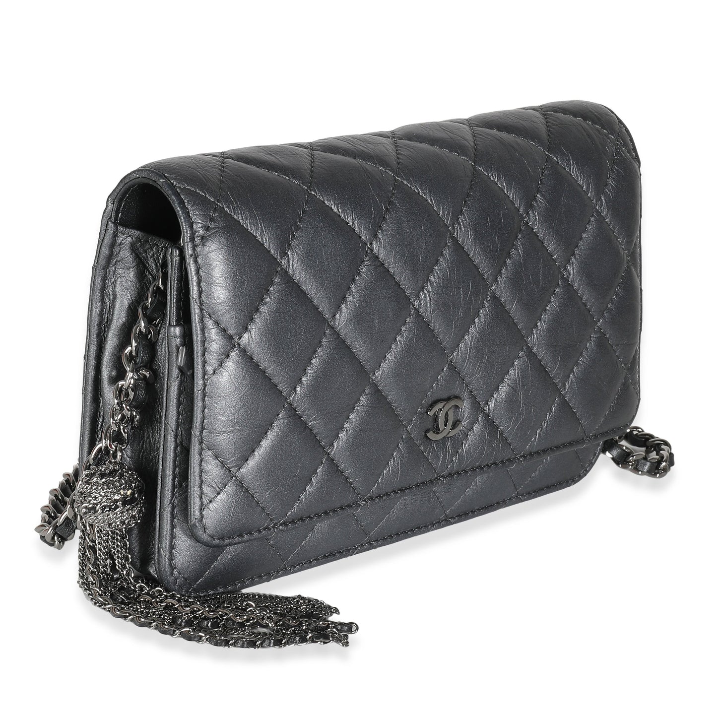 Top Quality Chanel Dark Silver Iridescent Aged Quilted Calfskin Tassel Wallet On Chain