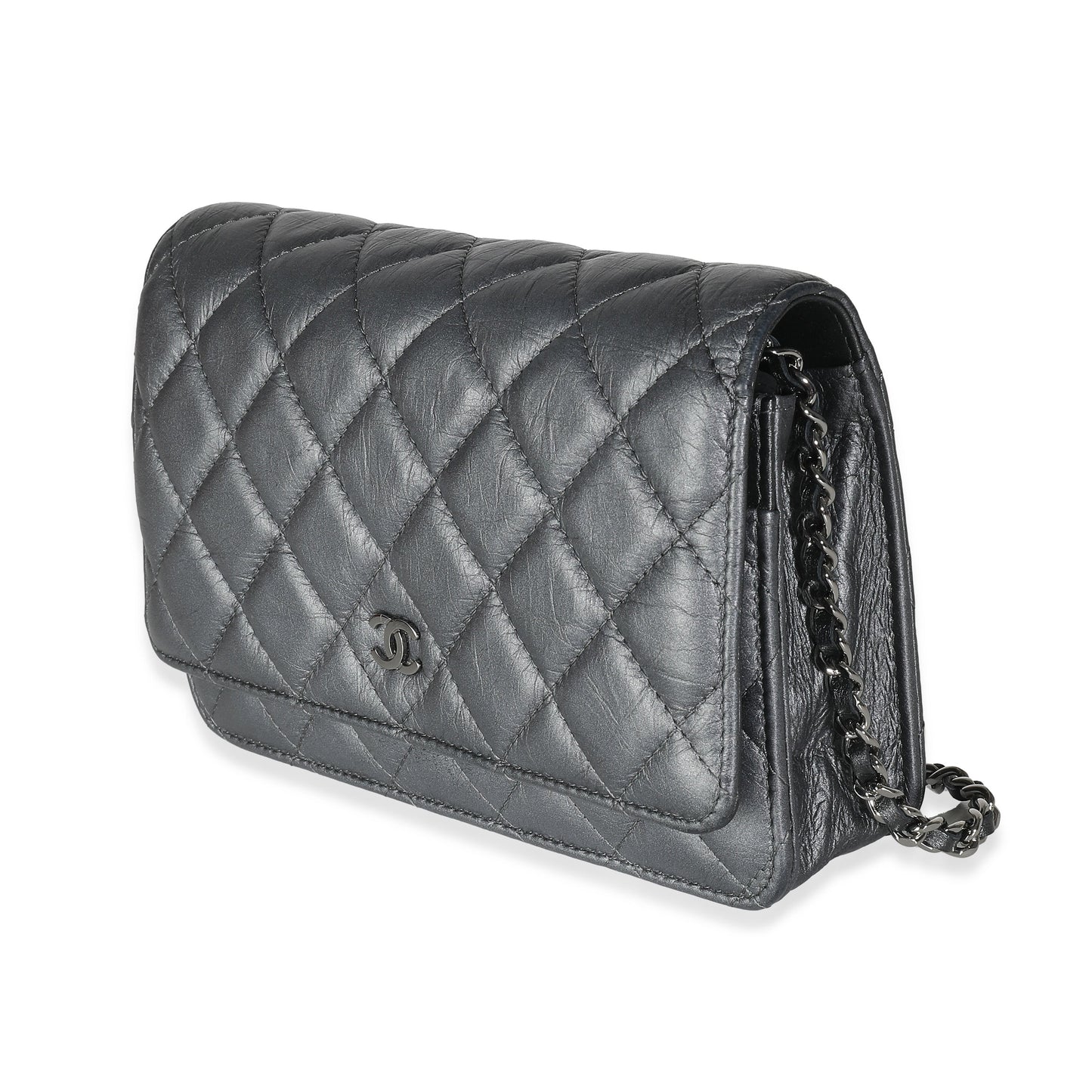 Top Quality Chanel Dark Silver Iridescent Aged Quilted Calfskin Tassel Wallet On Chain