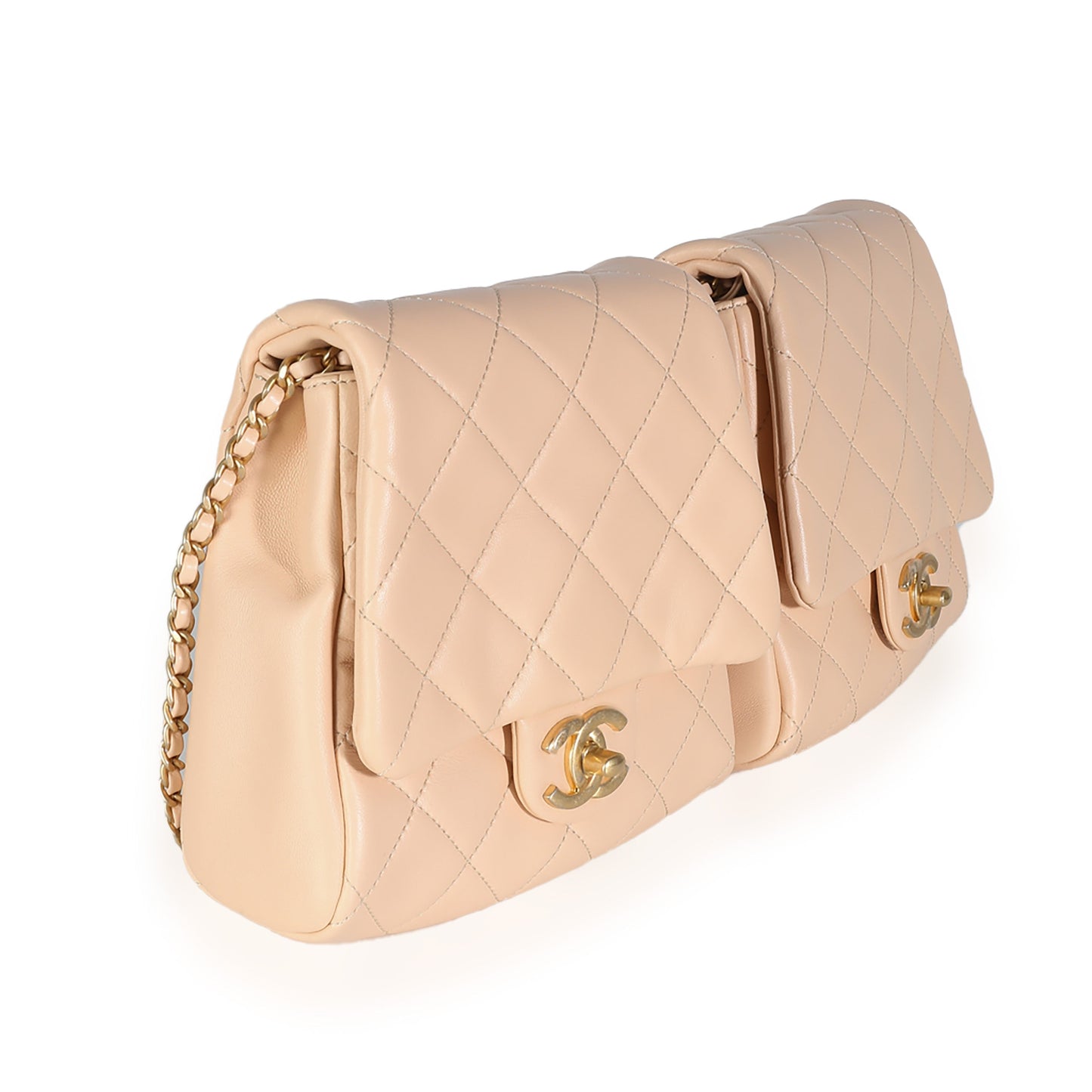 CHANEL 19S Beige Quilted Lambskin Side Packs
