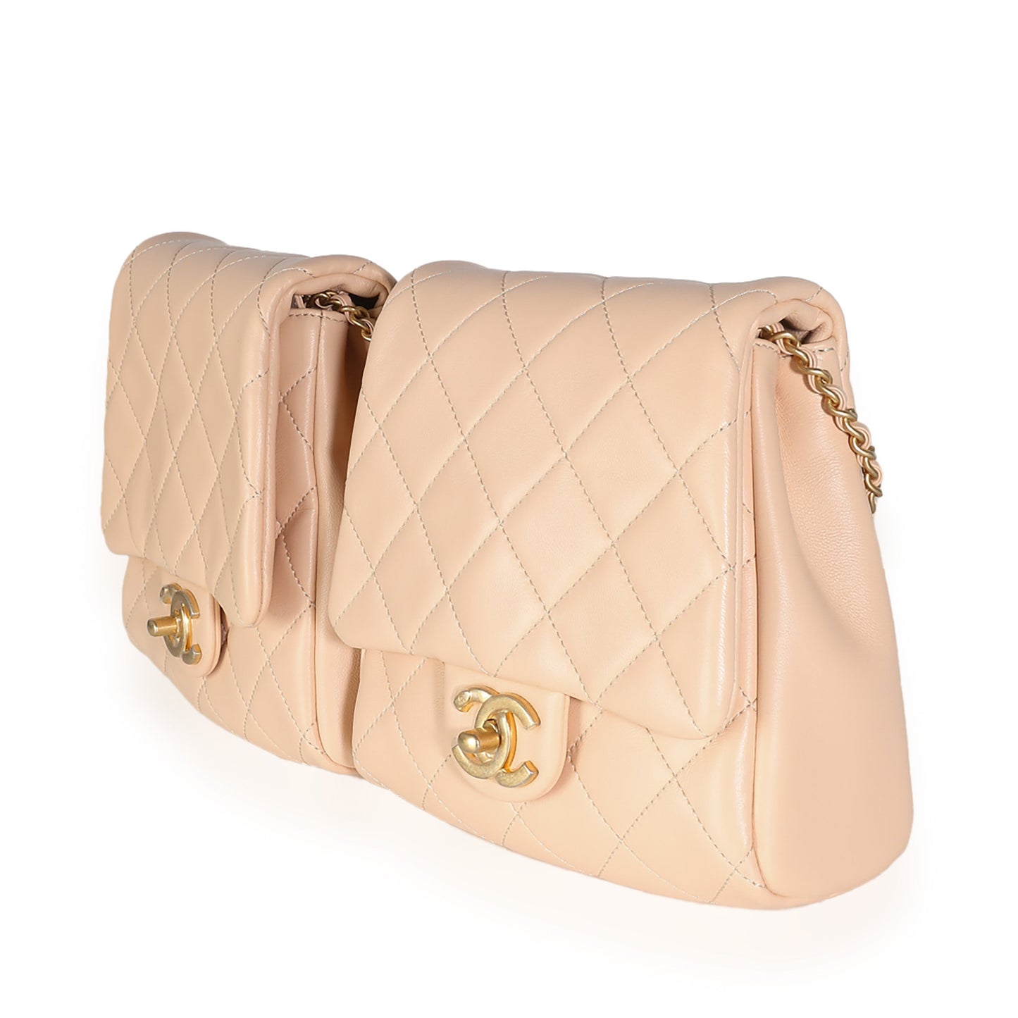 CHANEL 19S Beige Quilted Lambskin Side Packs