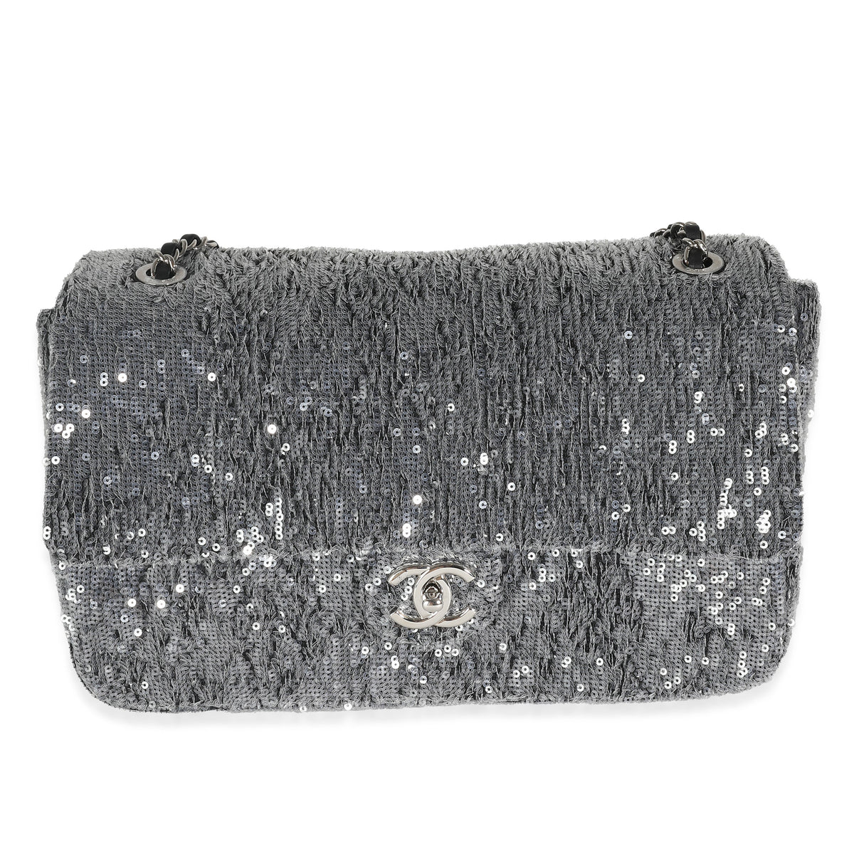 CHANEL Silver Sequin Jumbo Single Flap Bag