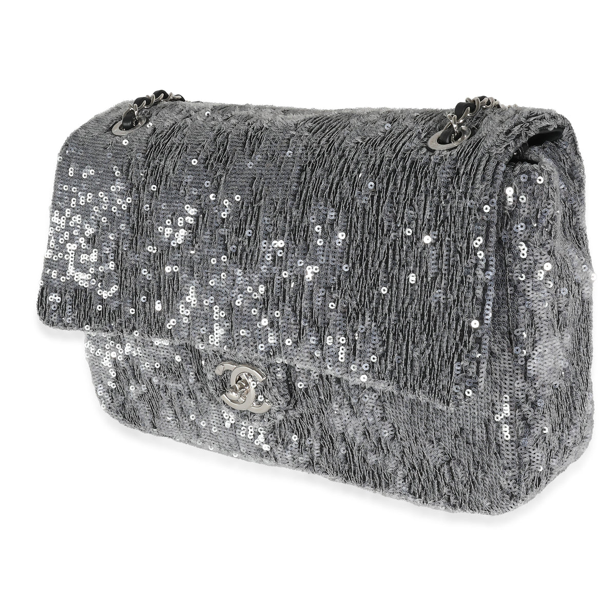 CHANEL Silver Sequin Jumbo Single Flap Bag