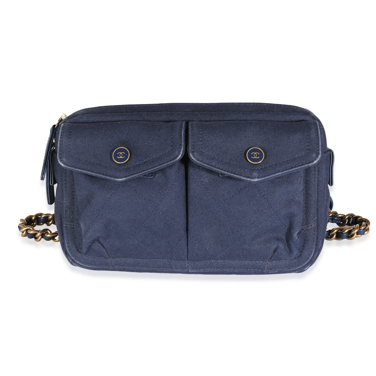Top Quality Chanel Navy Canvas Double Pocket Waist Bag