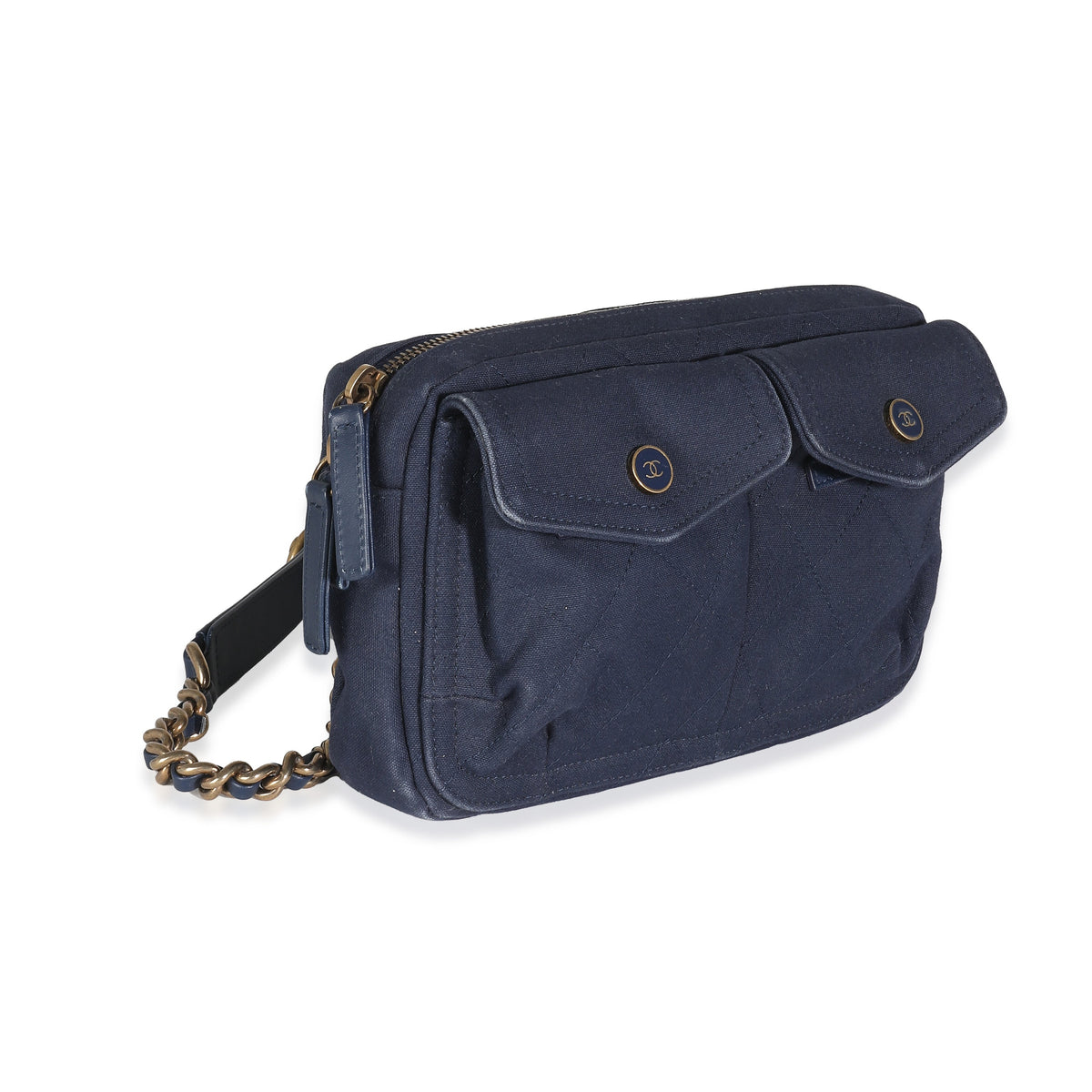 CHANEL Navy Canvas Double Pocket Waist Bag