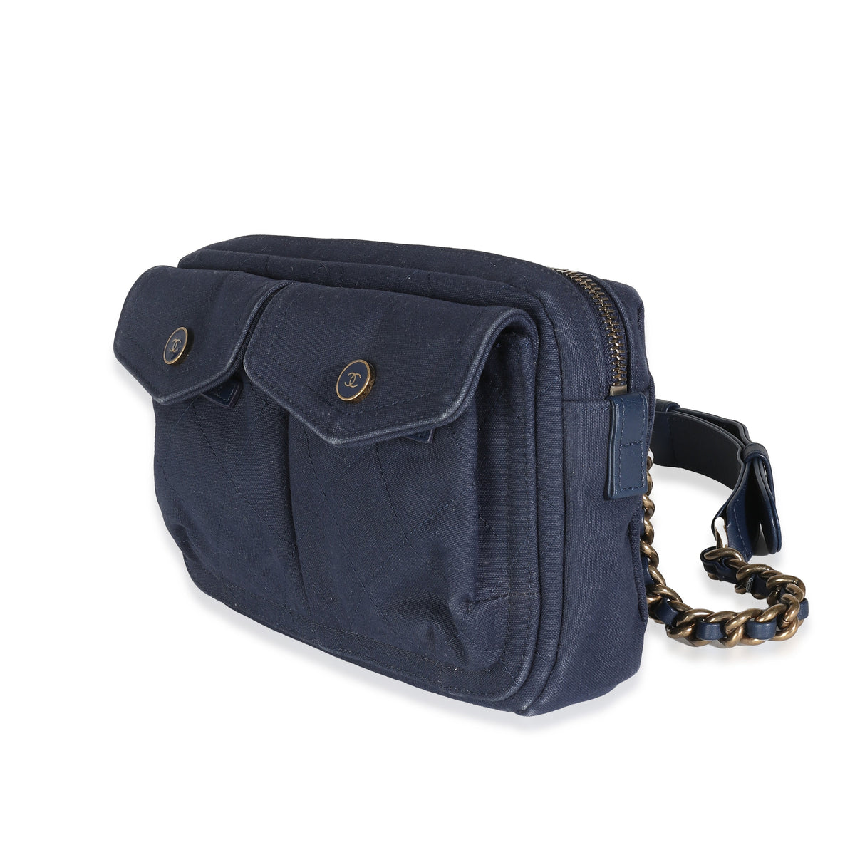 Top Quality Chanel Navy Canvas Double Pocket Waist Bag