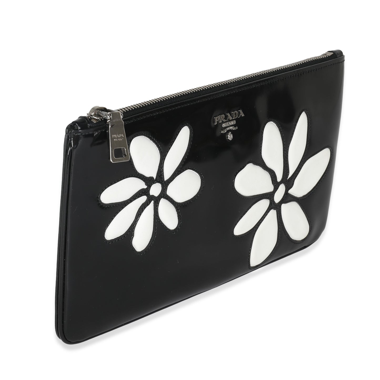 PRADA Black Spazzolato Flower Zip Pouch