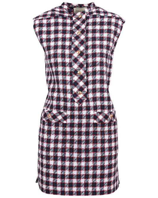 Gucci Check Tweed Tunic Dress Blue Plaid 38