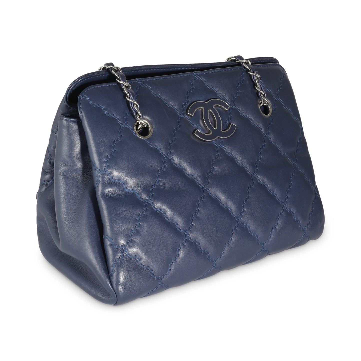 CHANEL Navy Calfskin Double Stitch Small Hamptons Tote