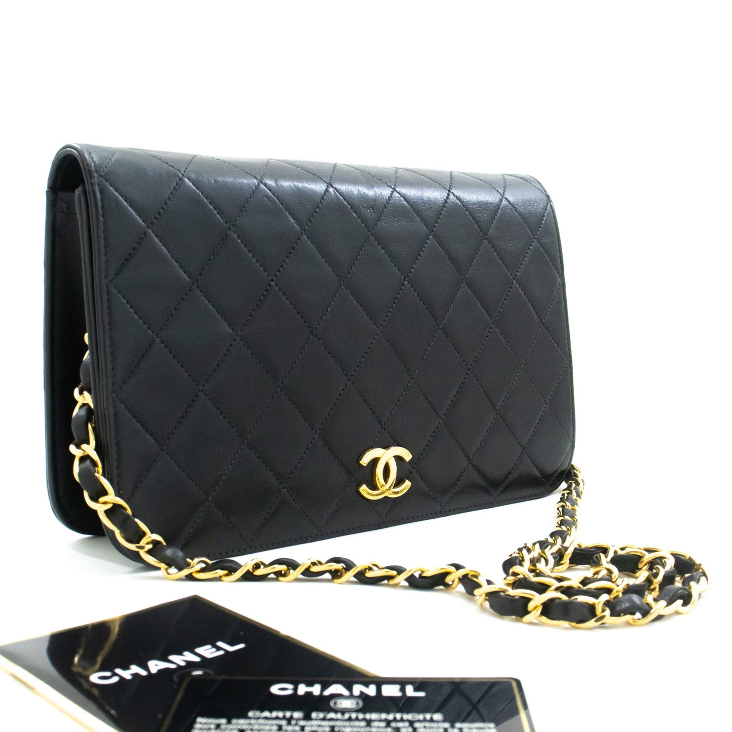 CHANEL Full Flap Chain Shoulder Bag Clutch Black Quilted Lambskin