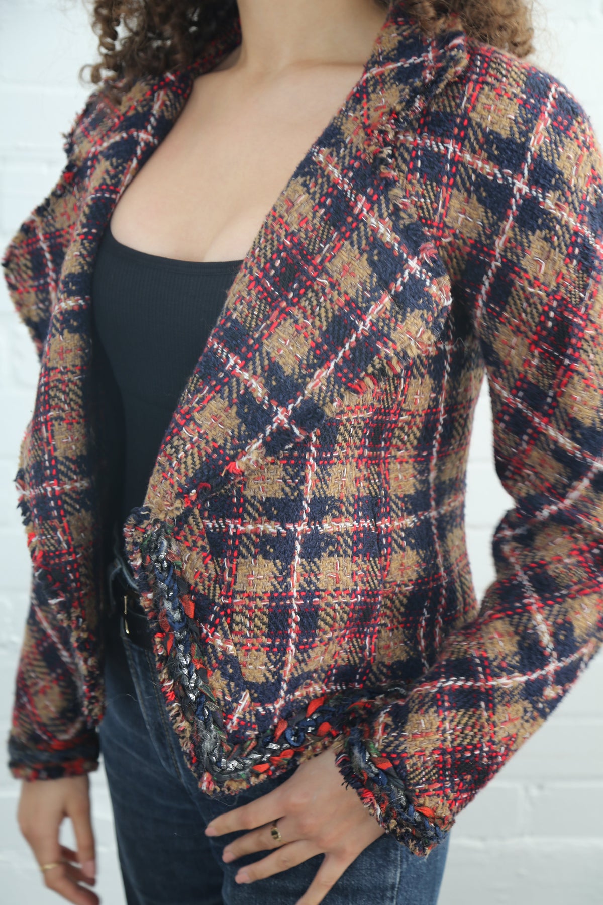 Tweed Jacket Plaid Pattern Brown Multi