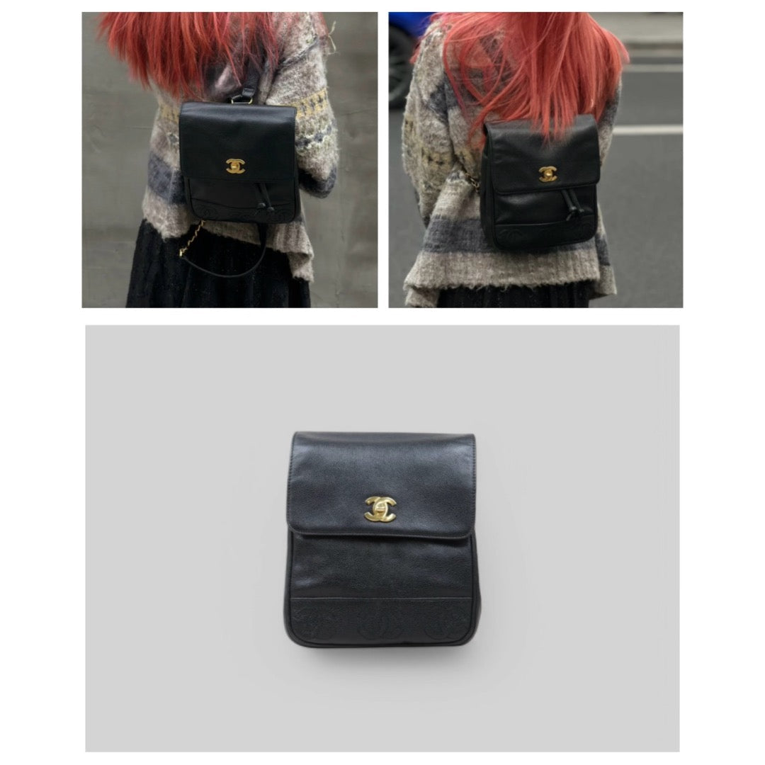Good ( Rank AB)｜CHANEL  Caviar Skin Leather Calf Leather Backpack  Black Made in 1996-1997Year｜P25041405
