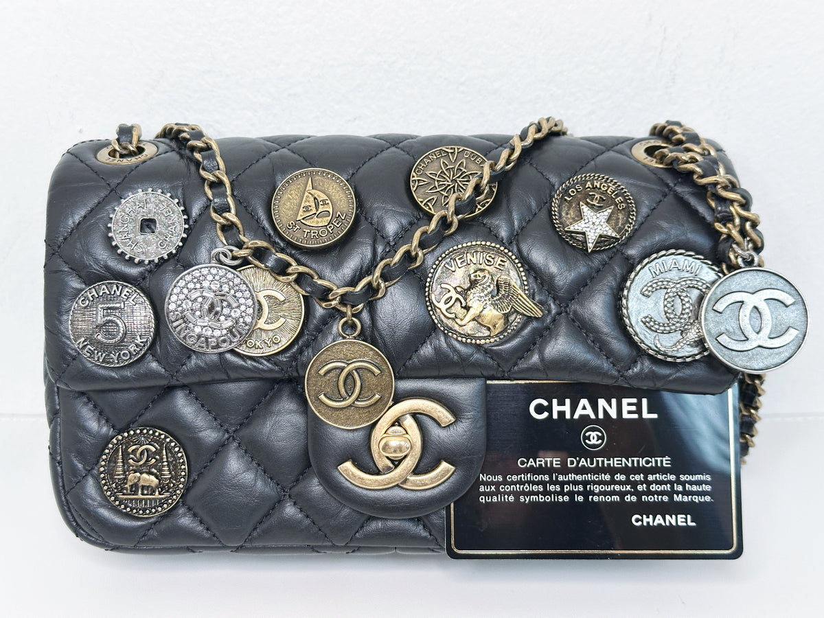 Chanel Mini Limited Edition Aged Calfskin Quilted Medallion Flap Black GHW 2063 holo card