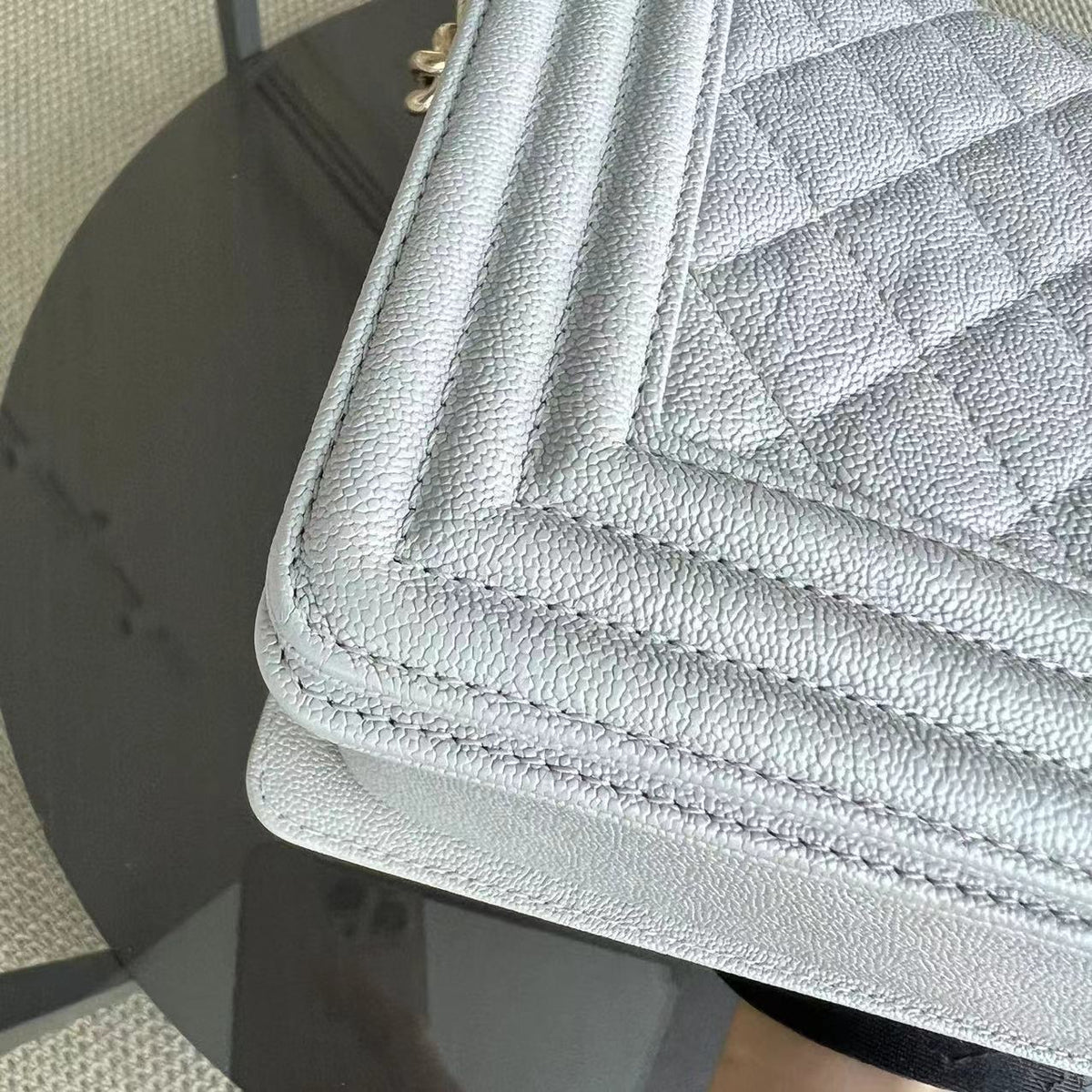 Caviar Boy Old Medium 25CM Quilted Grained Calfskin Light Grey Gray Golden Hardware Series 28