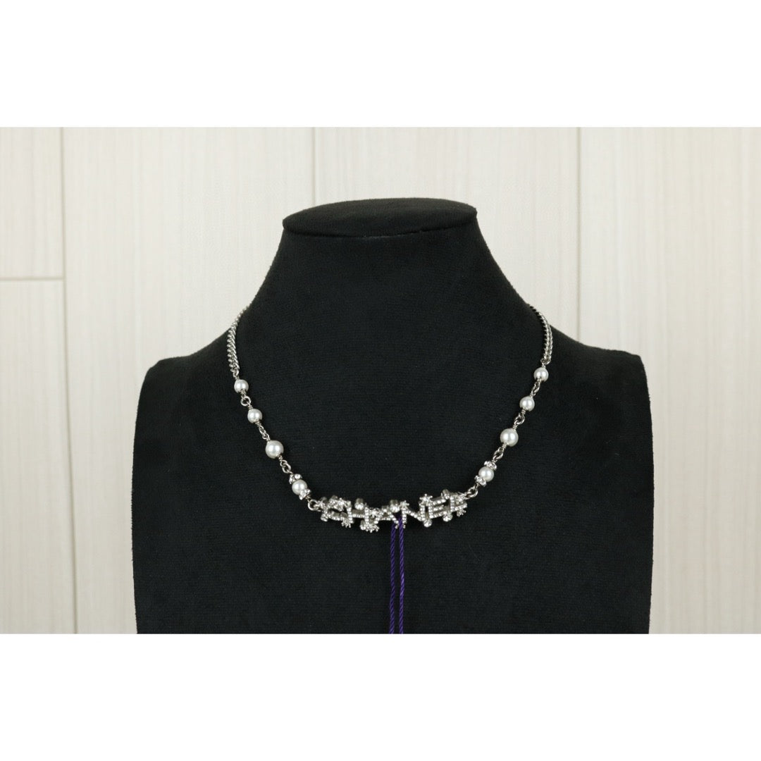Excellent（Rank SA）｜ CHANEL Coco Mark Chain Pearl Rhinestone Chocker Necklace Silver｜F25032507