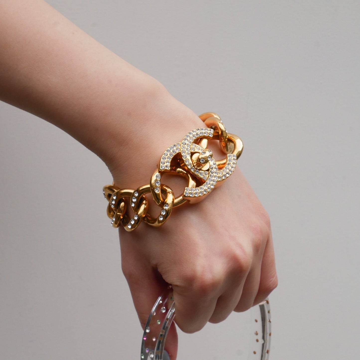 CHANEL 1996 Turnlock Rhinestone Gold Bracelet 52421