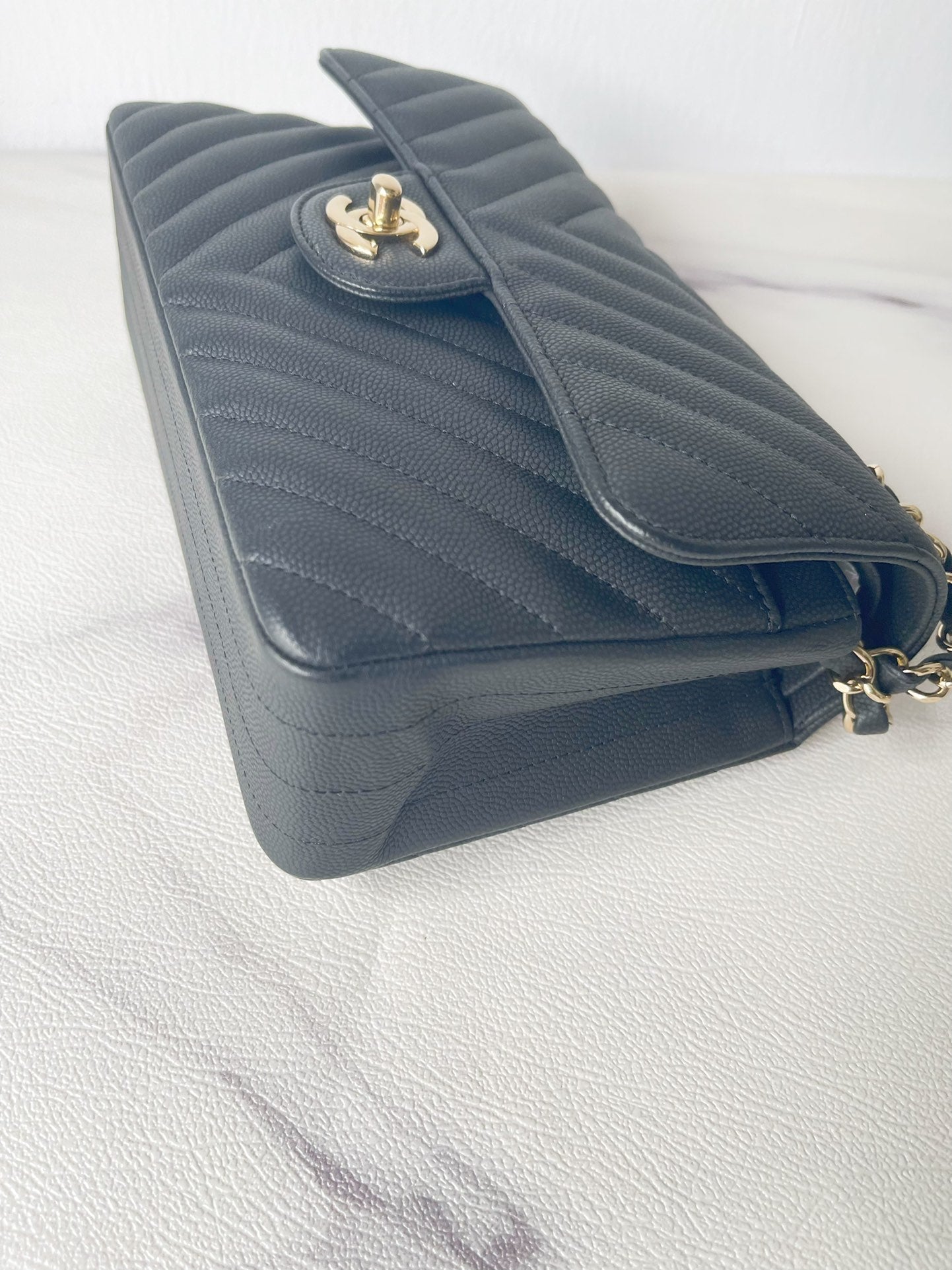 Chanel 19S Classic Small Double Flap Black Matte Chevron Caviar with light gold hardware