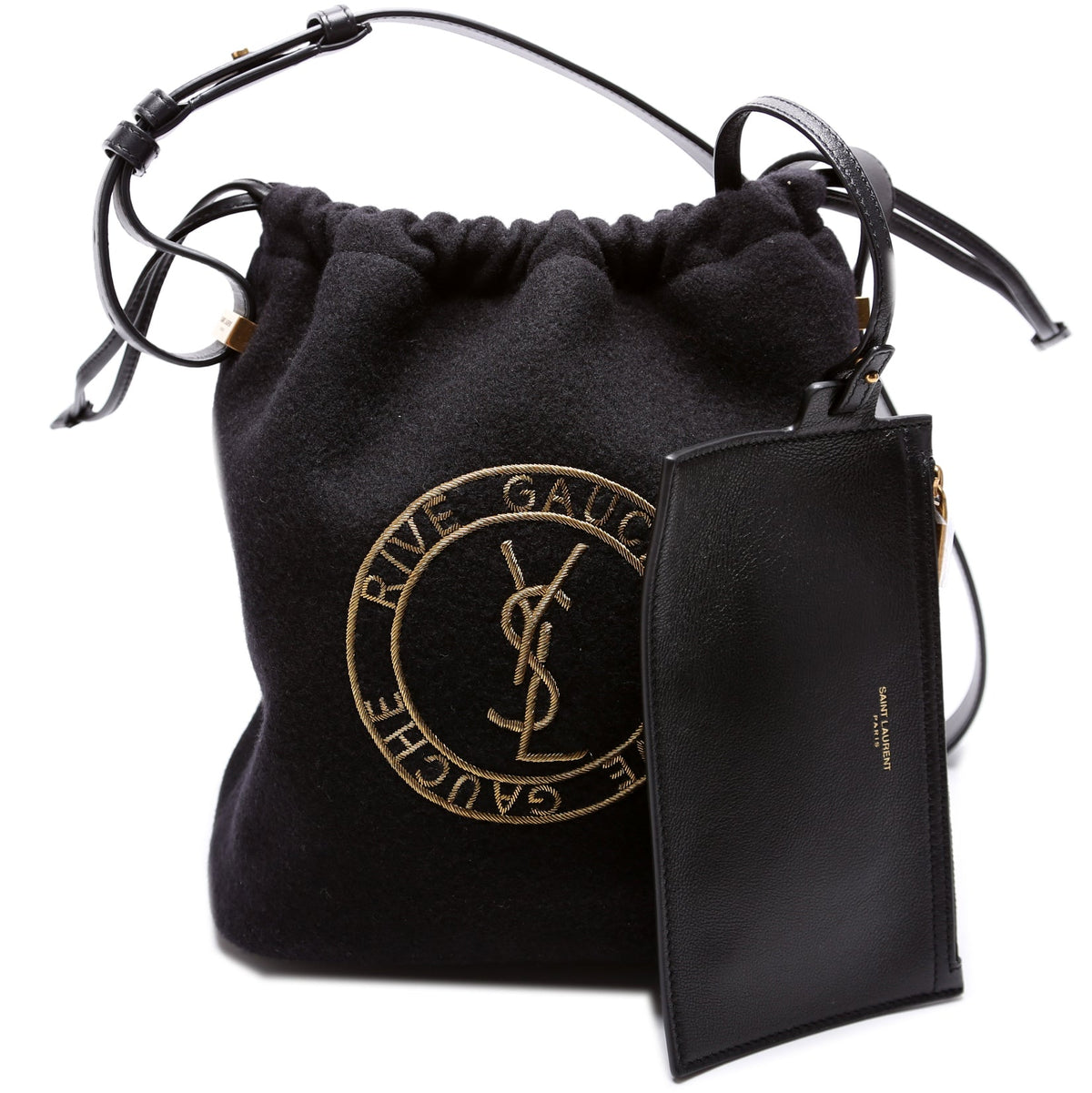 Rive Gauche Wool Felt Embossed Logo Bucket Bag