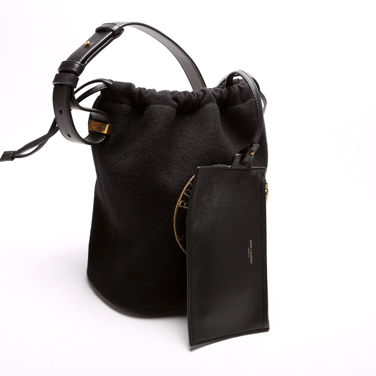 Rive Gauche Wool Felt Embossed Logo Bucket Bag