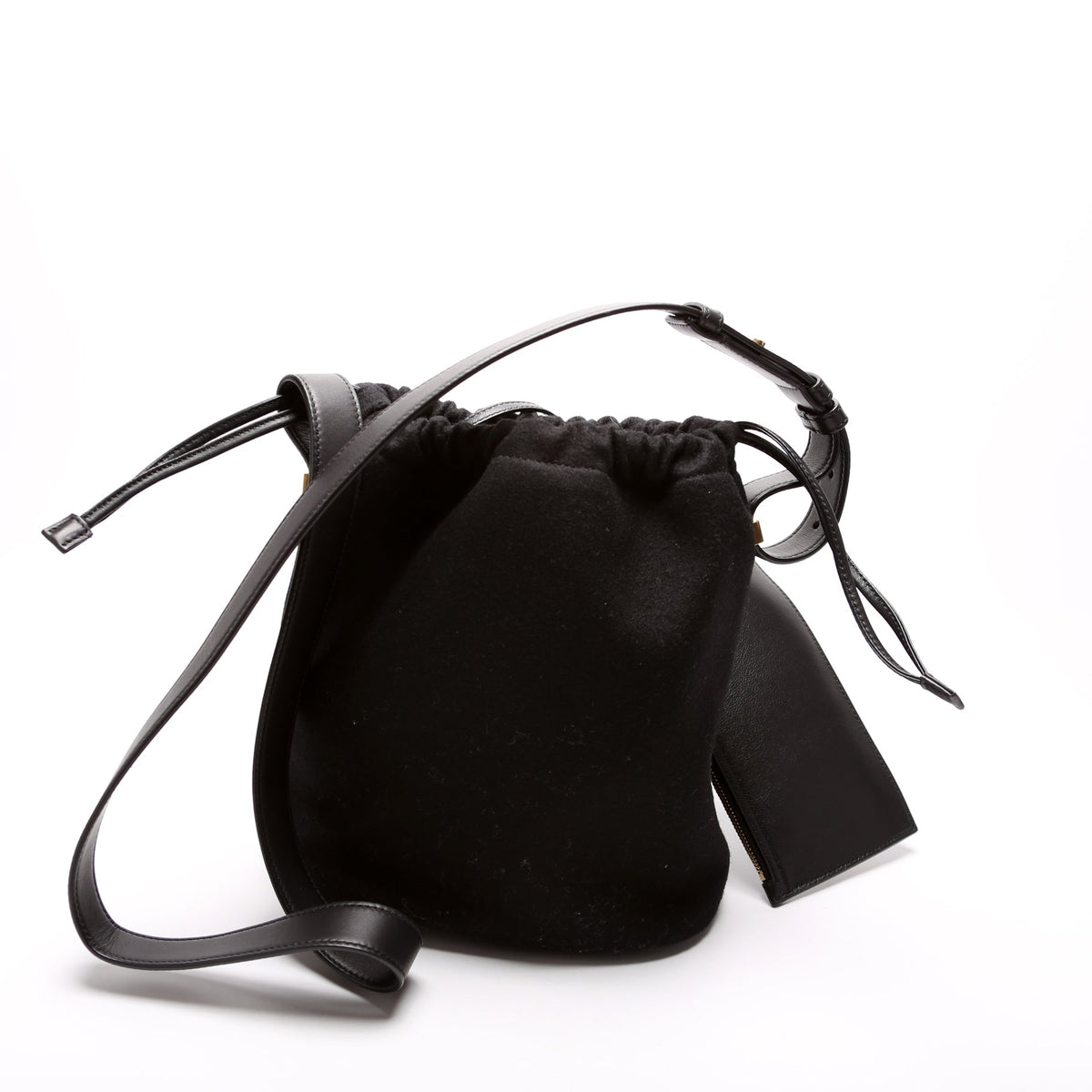 Rive Gauche Wool Felt Embossed Logo Bucket Bag