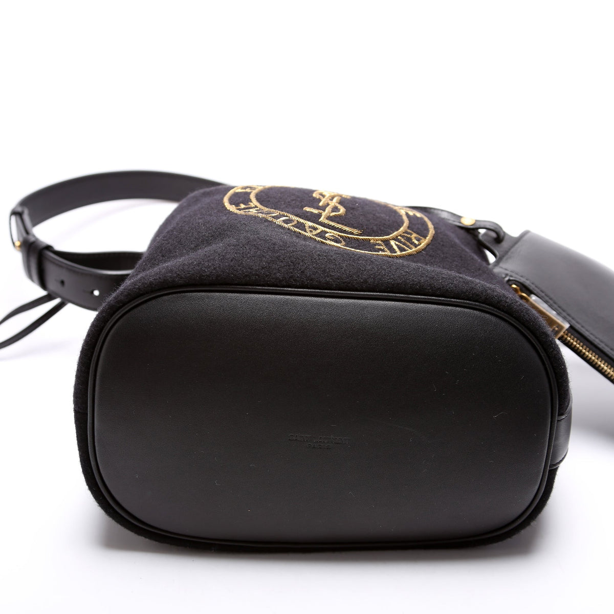 Rive Gauche Wool Felt Embossed Logo Bucket Bag