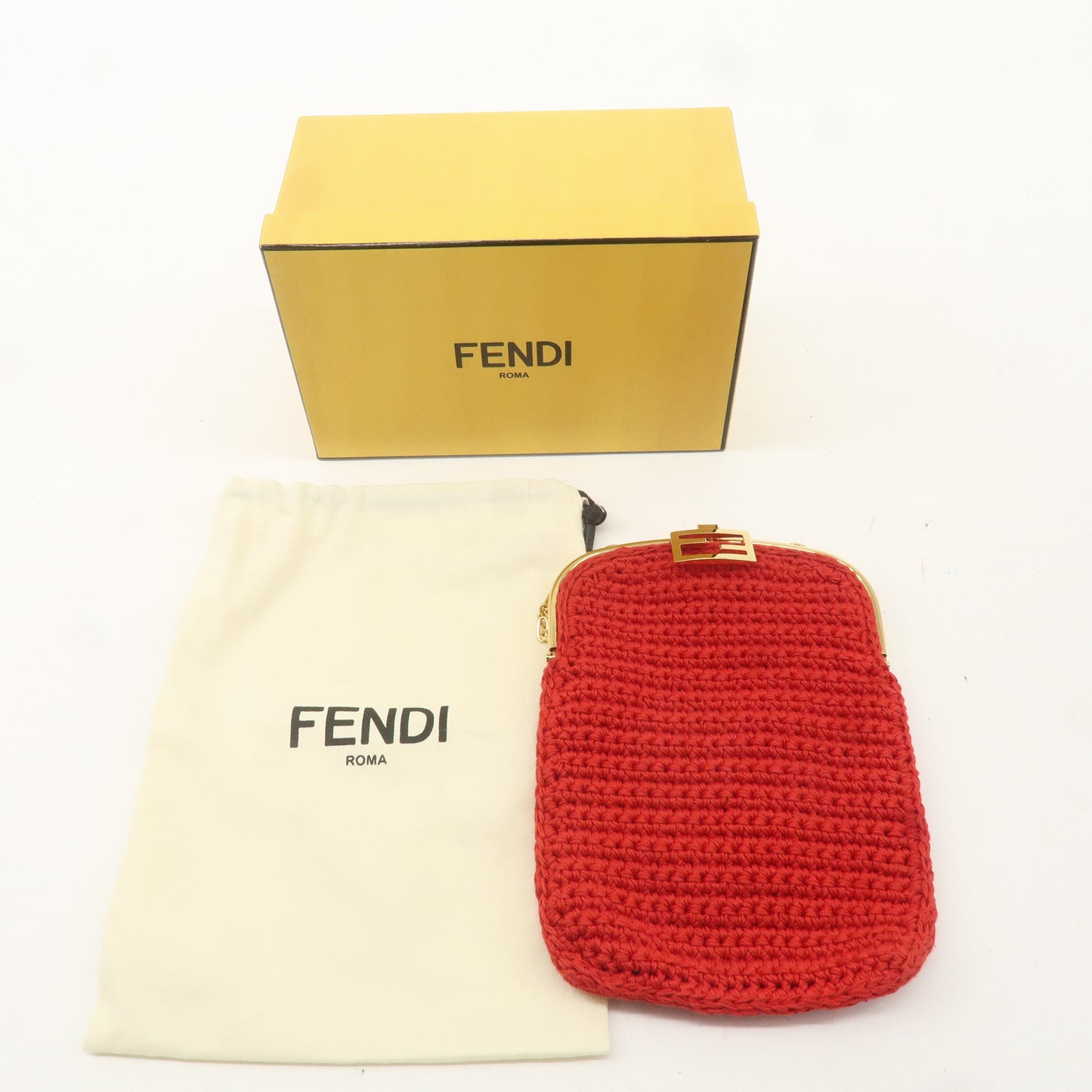 FENDI Baguette Knit Cell Phone Case Shoulder Bag Red 7AR966