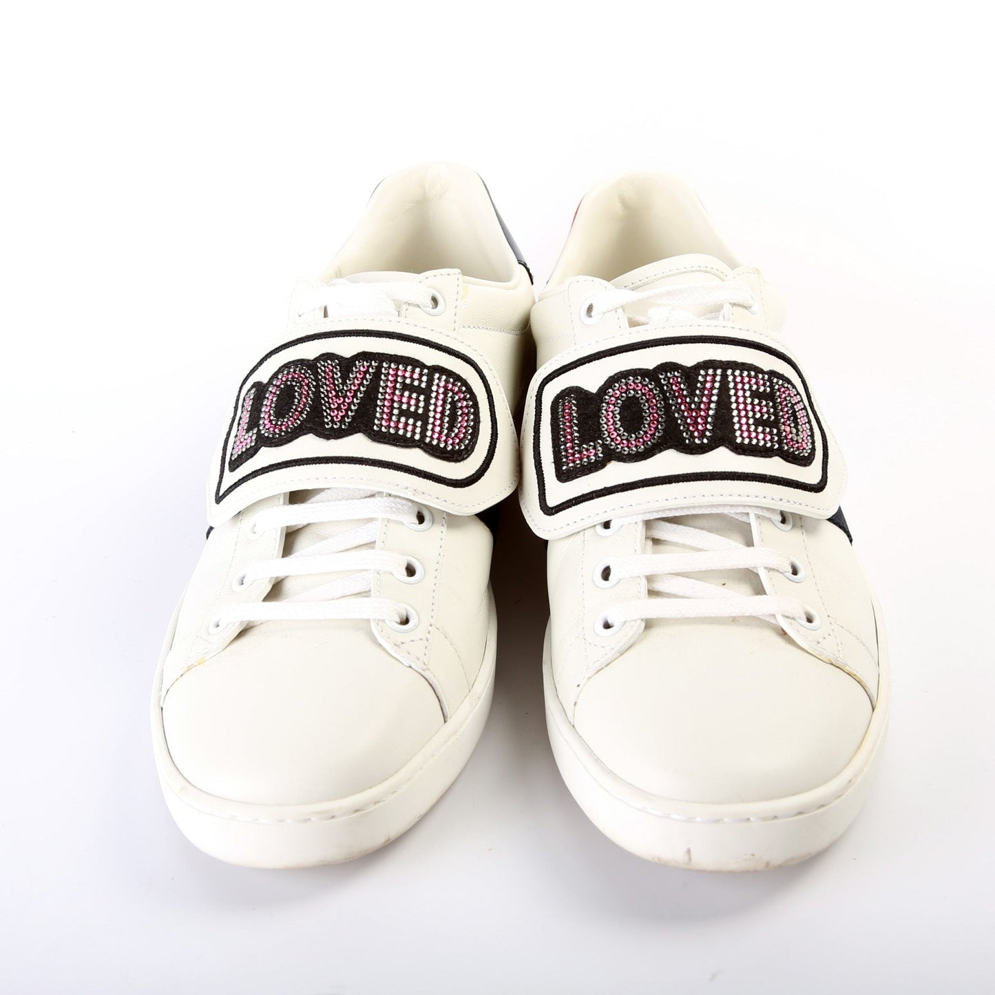 Gucci Ace Web Loved Embellished Velcro Leather Sneakers SIze