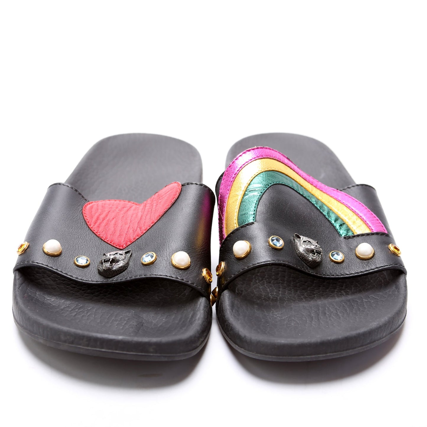 Gucci Rainbow Heart Pursuit Calfskin/Rubber Slides Size
