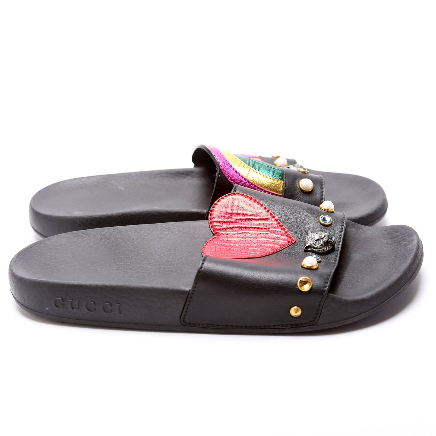 Gucci Rainbow Heart Pursuit Calfskin/Rubber Slides Size