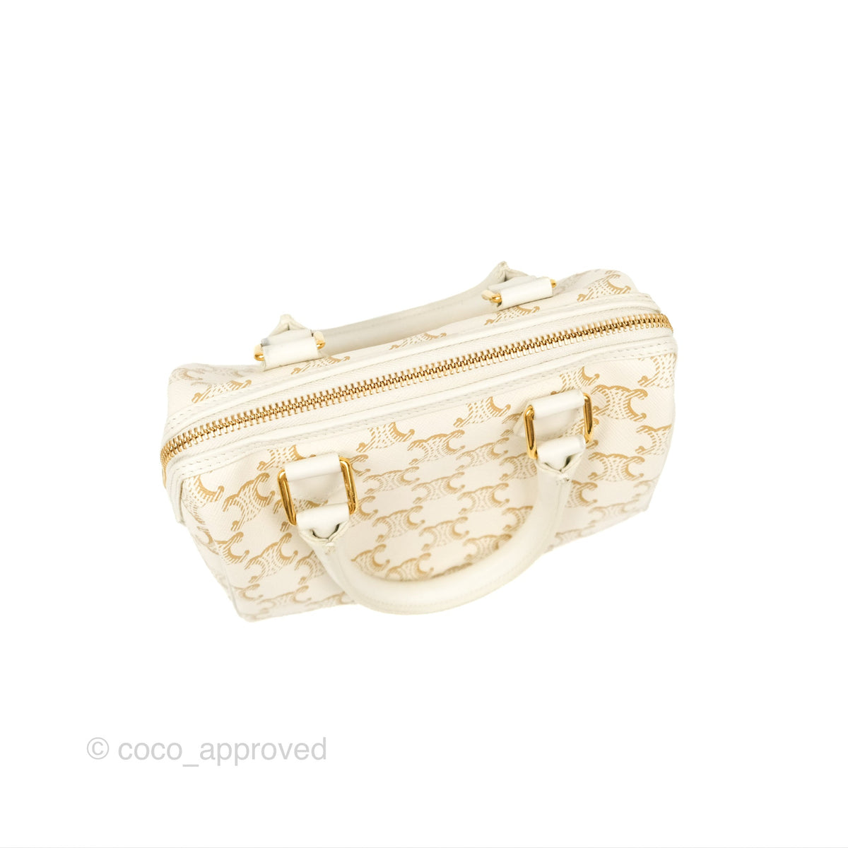 Celine Small Boston Bag White Triomphe Canvas Calfskin