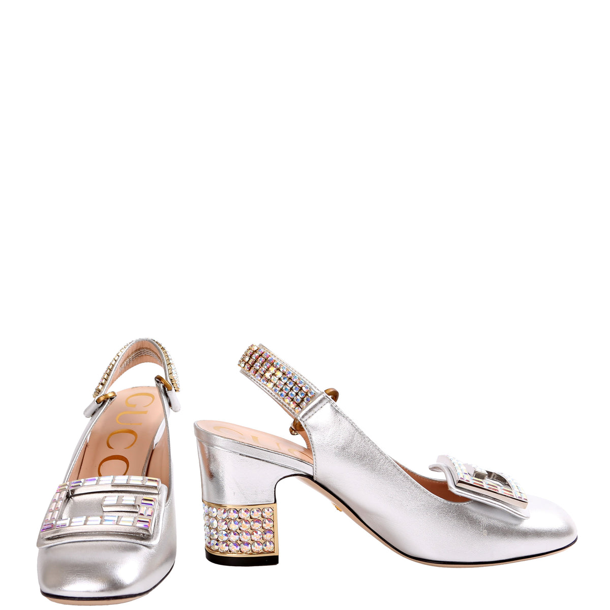 Metallic Nappa Crystal Square Slingback Pumps Size