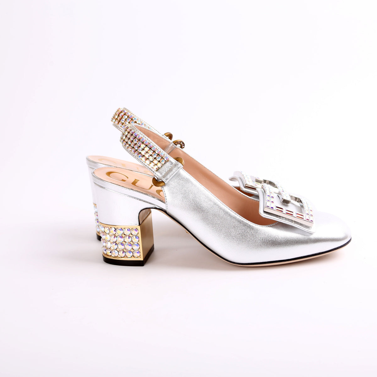 Metallic Nappa Crystal Square Slingback Pumps Size