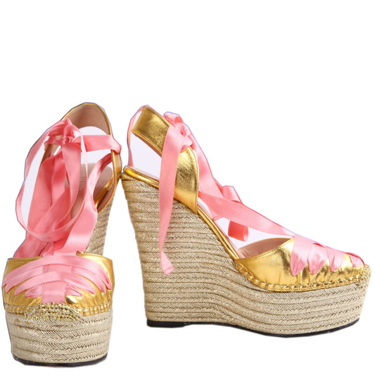 Gucci Ribbon Straps Espadrille Wedge Sandals Size .