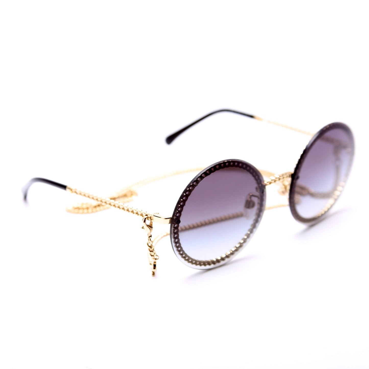 4245 Round Chain Sunglasses with Lanyard Black/Gold