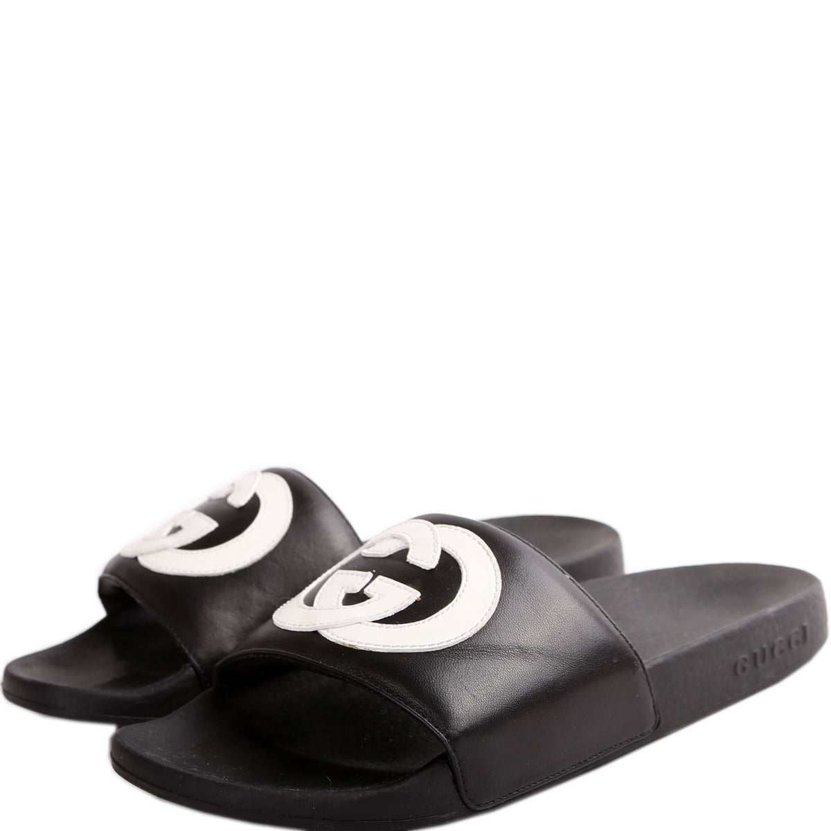 Padded Interlocking G Leather/Rubber Slides Size