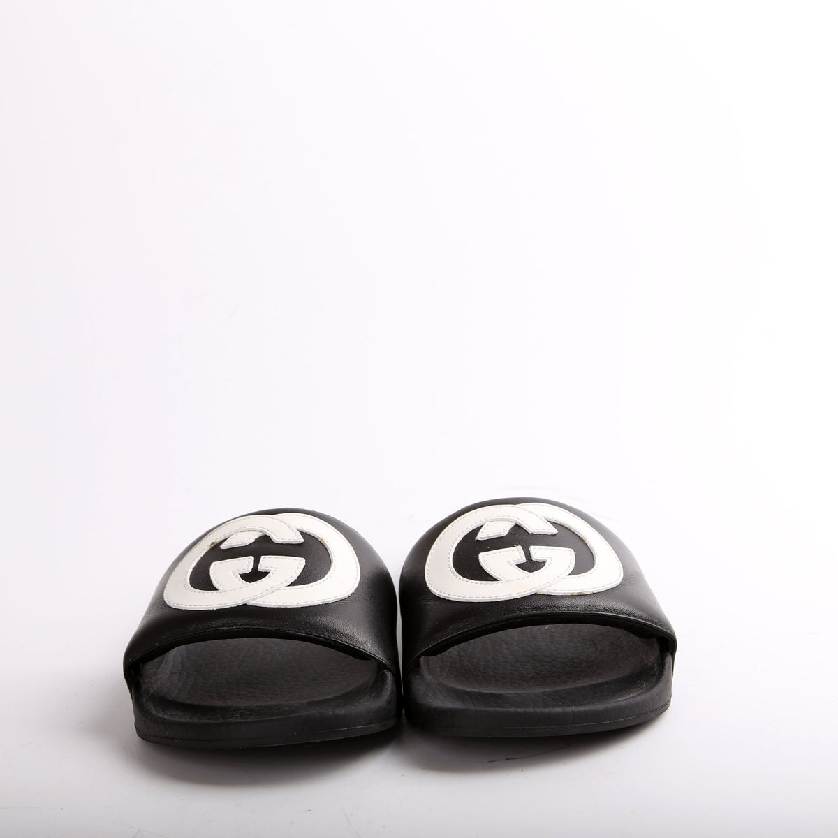 Padded Interlocking G Leather/Rubber Slides Size