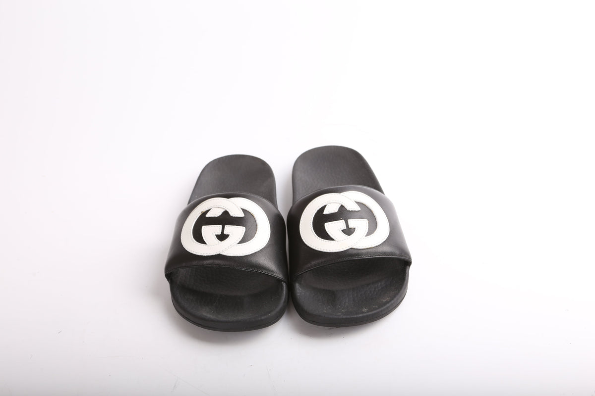Padded Interlocking G Leather/Rubber Slides Size