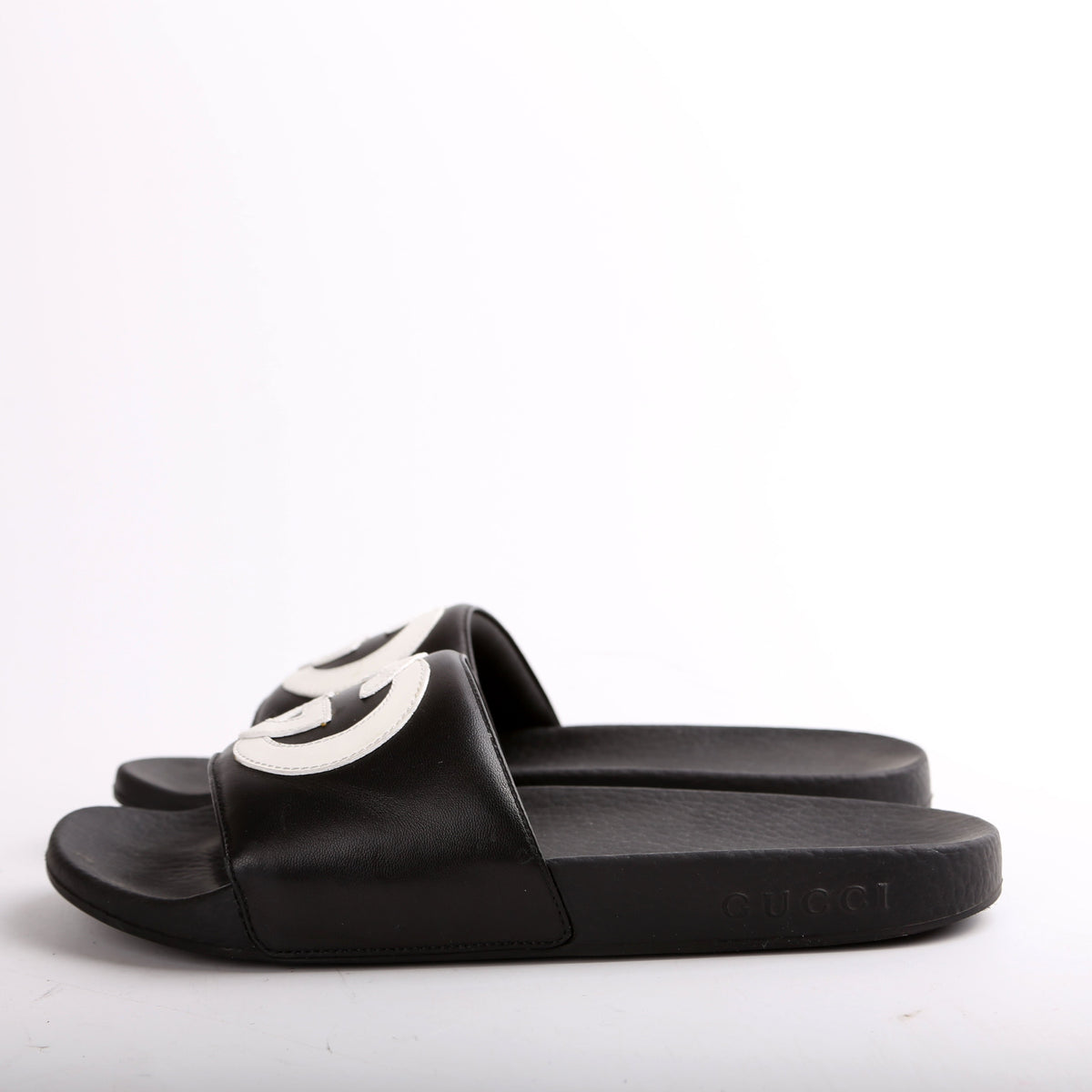 Padded Interlocking G Leather/Rubber Slides Size