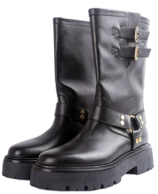 Calfskin Buckle Biker Boots Size 42