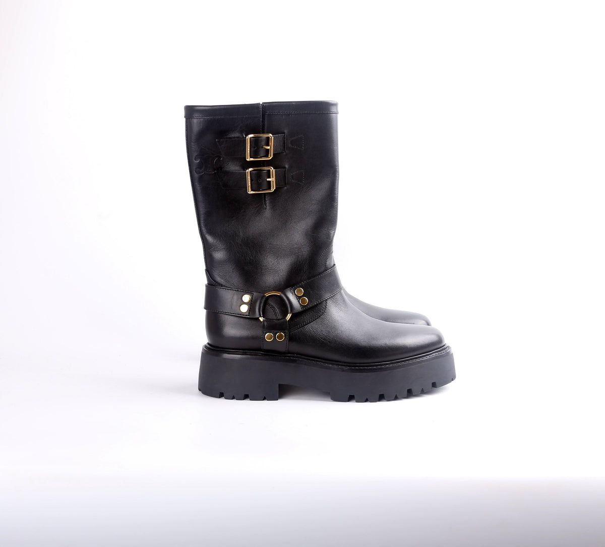 Calfskin Buckle Biker Boots Size 42