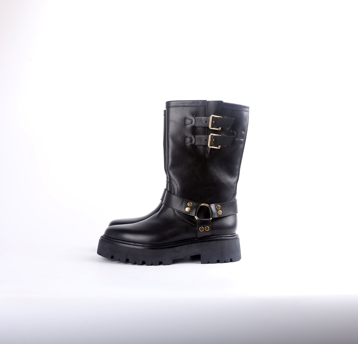 Calfskin Buckle Biker Boots Size 42