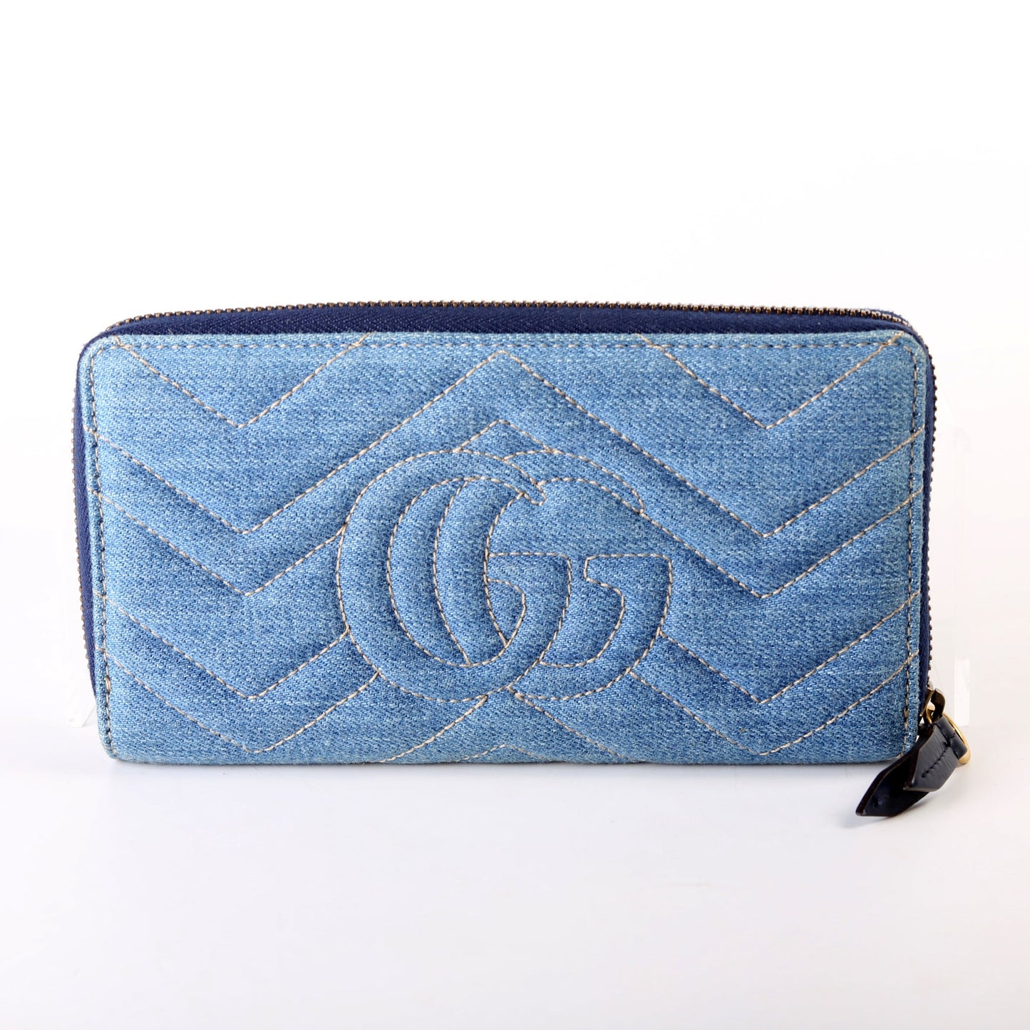 GG Marmont Pearly Denim Zip Around Wallet Blue