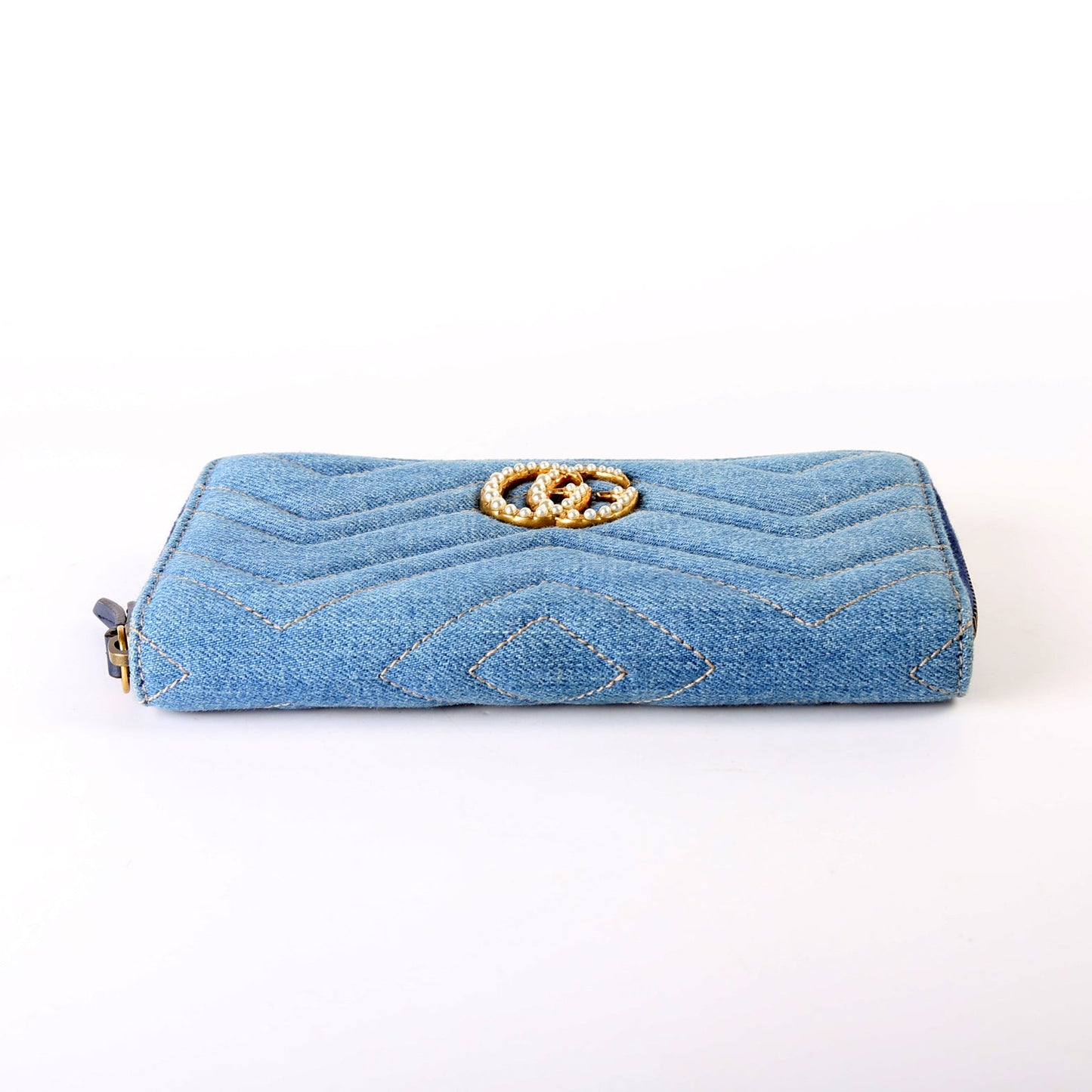 GG Marmont Pearly Denim Zip Around Wallet Blue