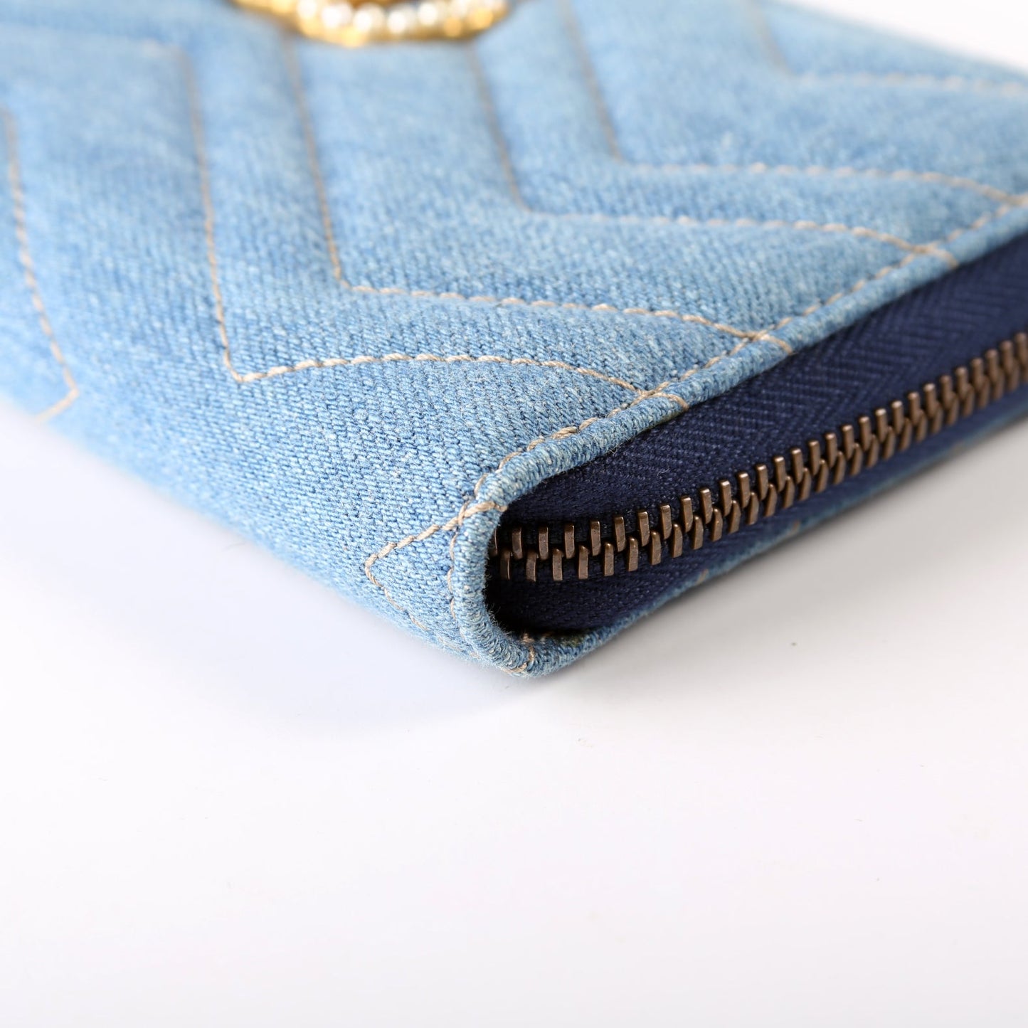 GG Marmont Pearly Denim Zip Around Wallet Blue