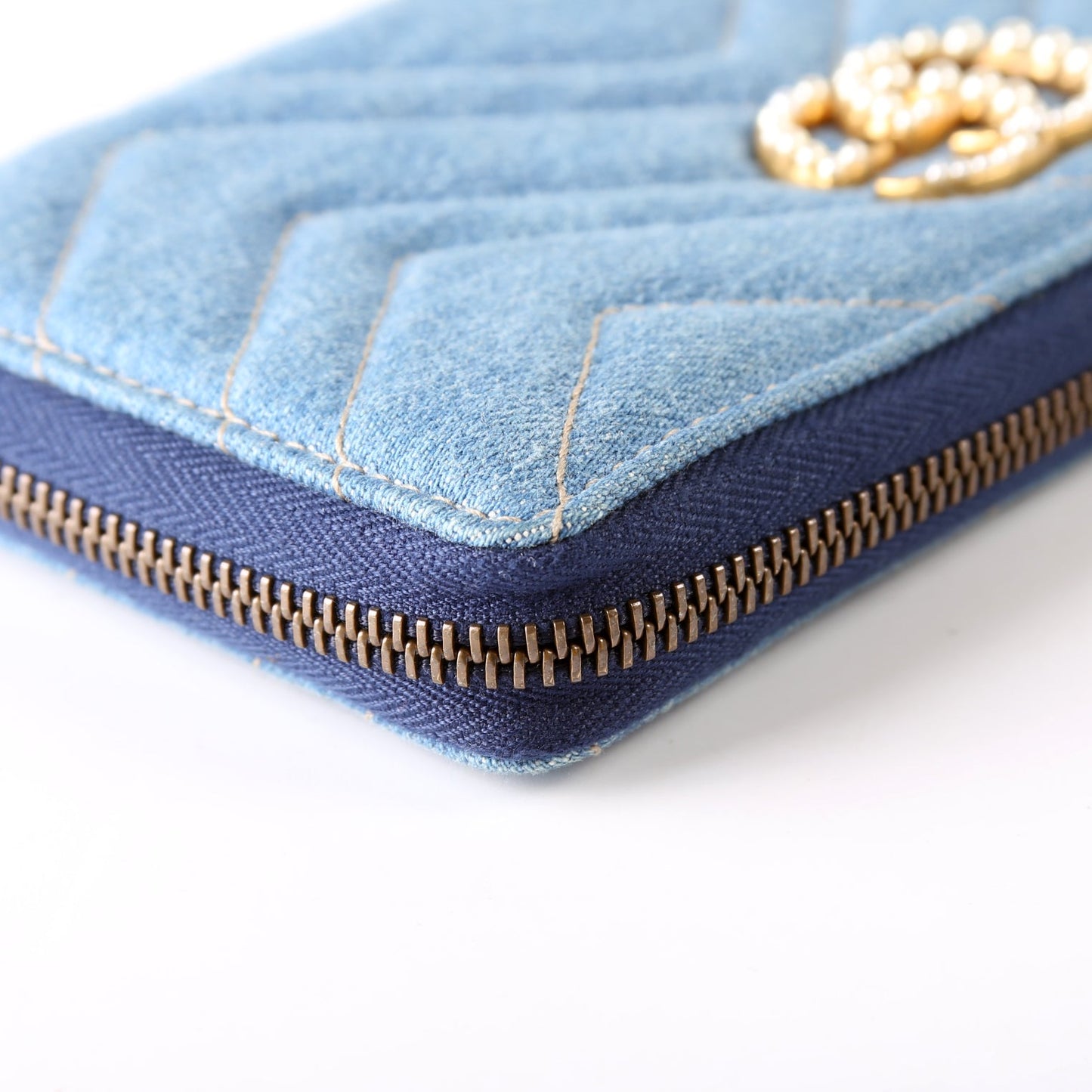 GG Marmont Pearly Denim Zip Around Wallet Blue