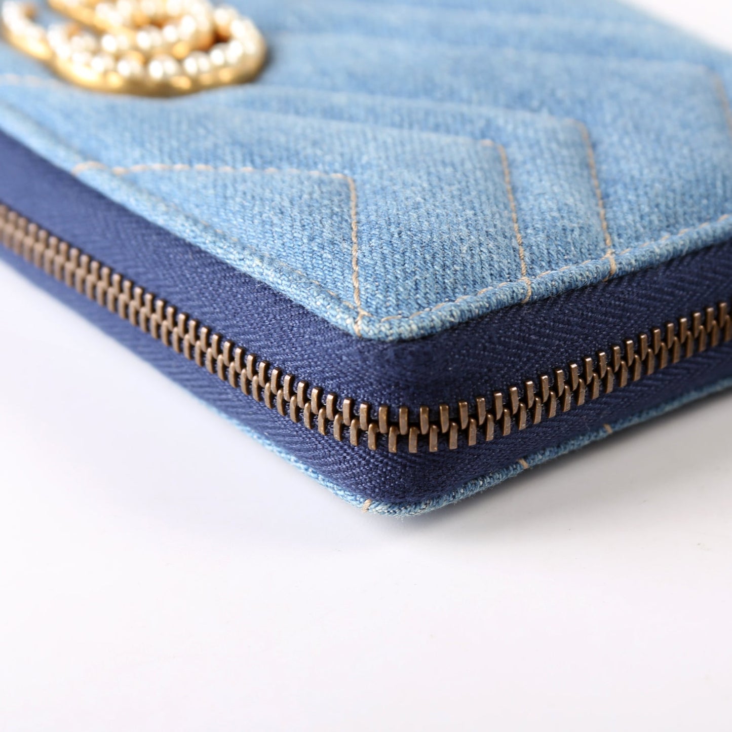 GG Marmont Pearly Denim Zip Around Wallet Blue