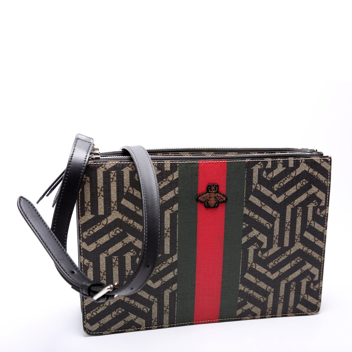 GG Leather Double Zip Messenger Black