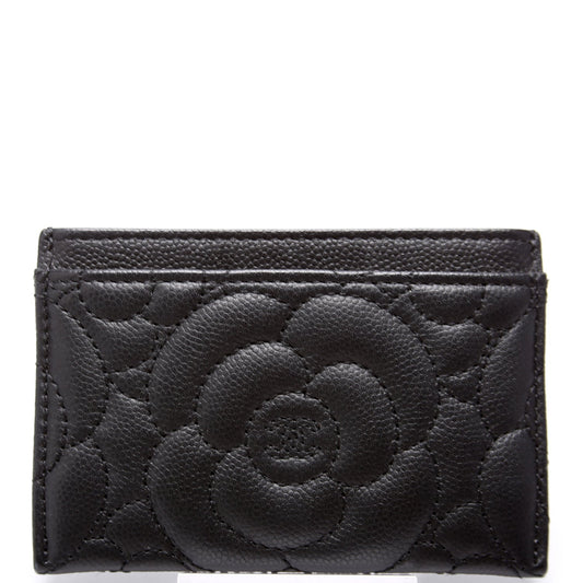 Camellia Flower Embossed Caviar Card Holder 24M Black